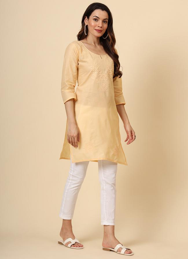 Cotton Beige Daily Wear Embroidery Work Readymade Kurti